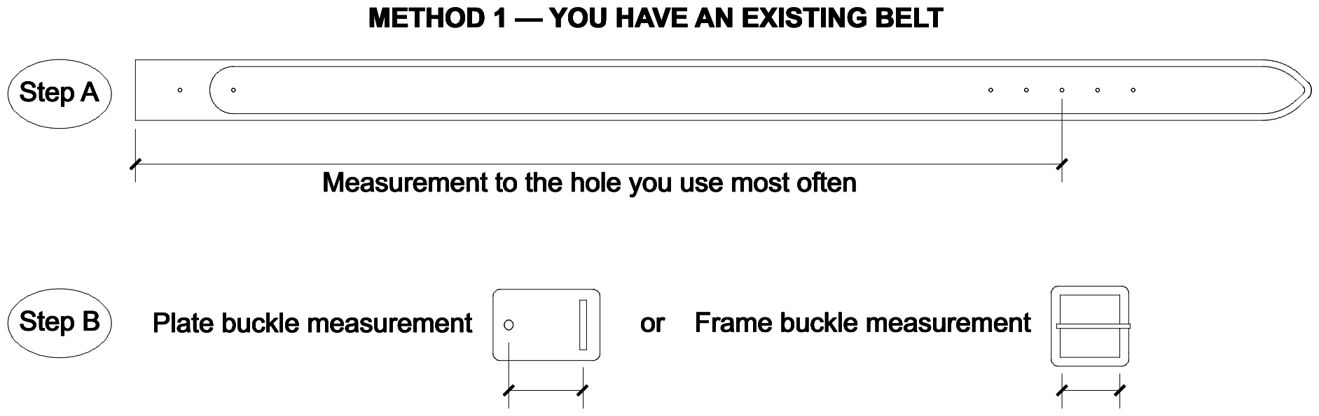 Method 1: measure from the fold to the hole you use most often, then measure your buckle.
